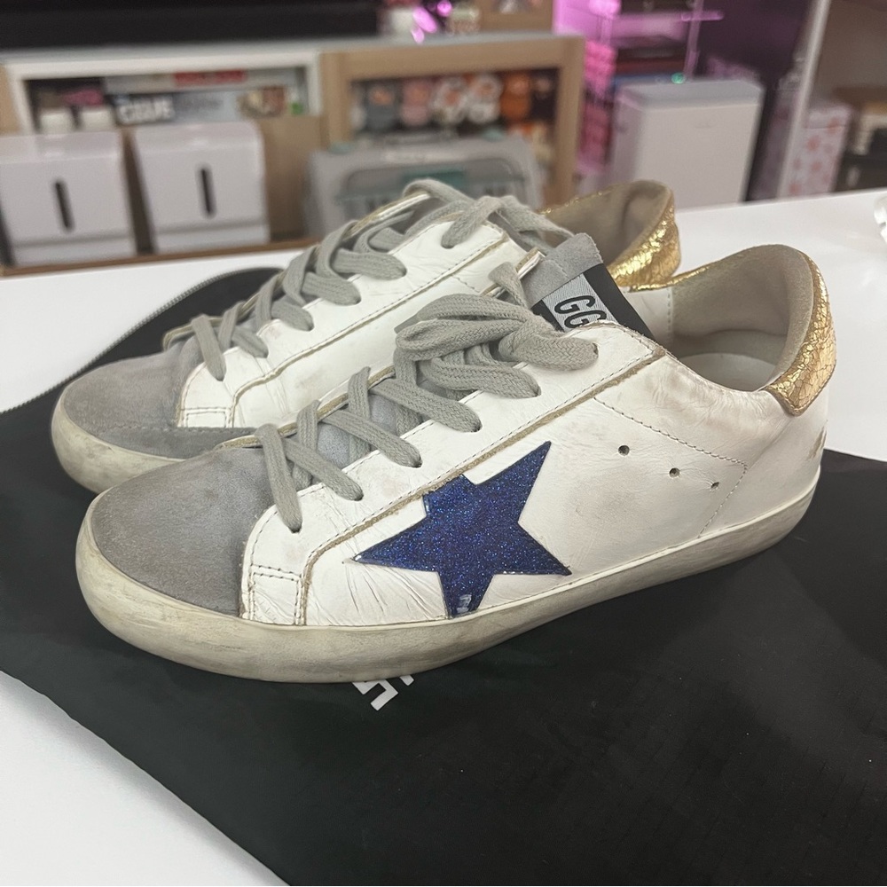 Golden Goose Super Star with Blue Star and Gold Heel